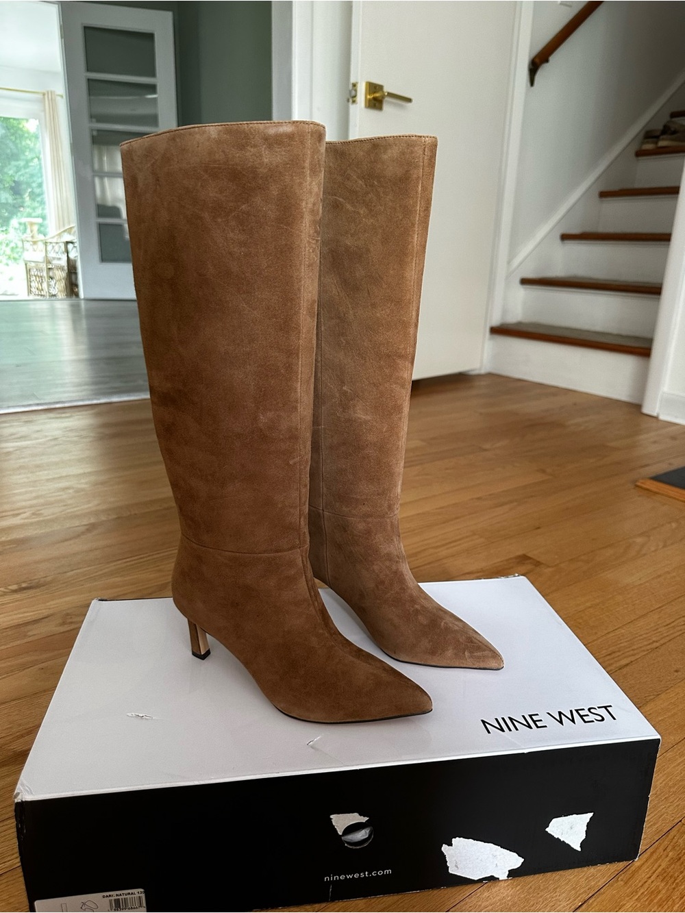 BRAND NEW Nine West Tall Pointed Suede Knee-High Boots in Camel Brown
